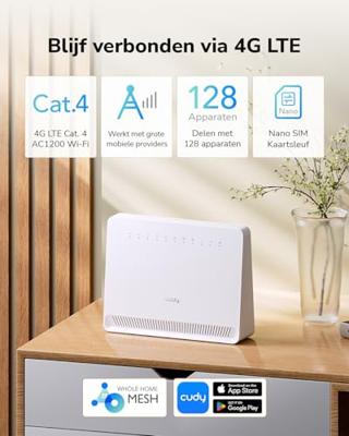 Cudy Ontgrendelde 4G LTE Cat 4 Snelle Modemrouter met SIM-kaartsleuf, AC1200 WiFi, OpenVPN, Wireguard, IPsec, VPN-client, Interno-antennes, Mesh, LT500E