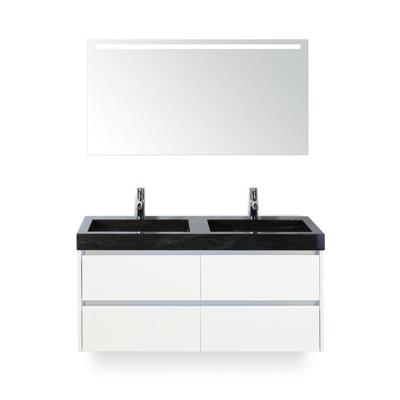 Dante Badmeubelset 120 cm - Wit Hoogglans - Wastafel Hardsteen Wit Lucca Dubbel - met Sence Spiegel