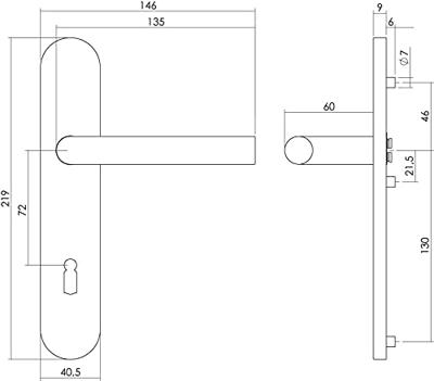 Intersteel Deurkruk Jura hoek 90° op schild sleutelgat 72mm EN1906/4 - RVS