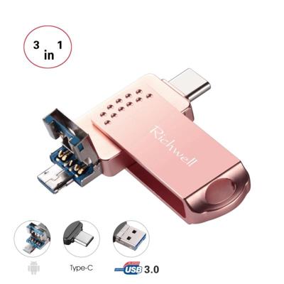 Richwell 3 in 1 32G type-C + Micro USB + USB 3 0 Metal Flash Disk met OTG functie (Rose goud)