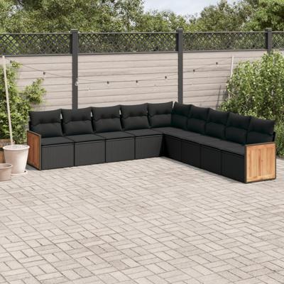 10-delige Loungeset met kussens poly rattan zwart