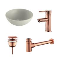 Waskomset BWS Rond 26x12 cm Keramiek Mat Wit / Koper (inclusief kraan, afvoer en sifon) - thumbnail