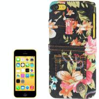 iPhone 5C Pioen rozen patroon met Denim structuur Kunststof back cover Hoesje (zwart) - thumbnail