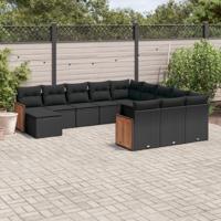 12-delige Loungeset met kussens poly rattan zwart - thumbnail