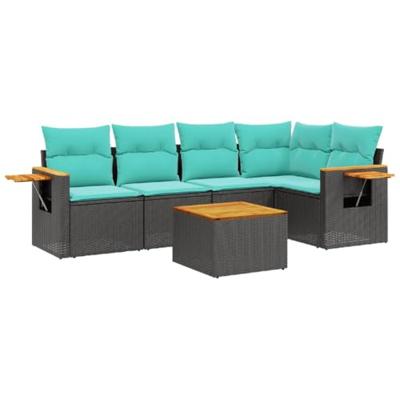 6-delige Loungeset met kussens poly rattan zwart