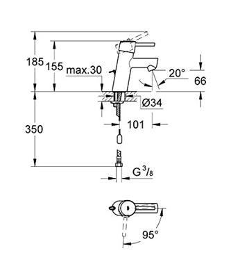 GROHE Concetto waterbesparendes wastafelkraan met inzinkbare ketting met 28mm ES cartouche chroom 2338110E 2338110E