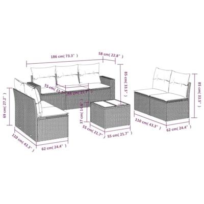 8-delige Loungeset met kussens poly rattan lichtgrijs