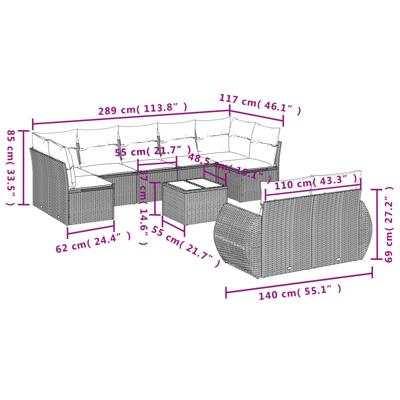 9-delige Loungeset met kussens poly rattan grijs - thumbnail