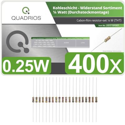Quadrios 201711P001 201711P001 Koolfilmweerstand assortiment Axiaal bedraad 0.25 W 5 % 400 stuk(s) Quadrios 201711P001 201711P001 Koolfilmweerstand assortiment Axiaal bedraad 0.25 W 5 % 400 stuk(s)