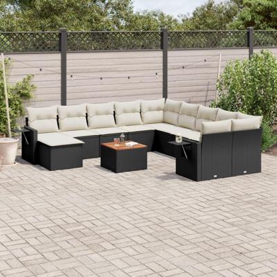 12-delige Loungeset met kussens poly rattan zwart