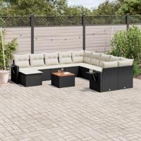 12-delige Loungeset met kussens poly rattan zwart - thumbnail