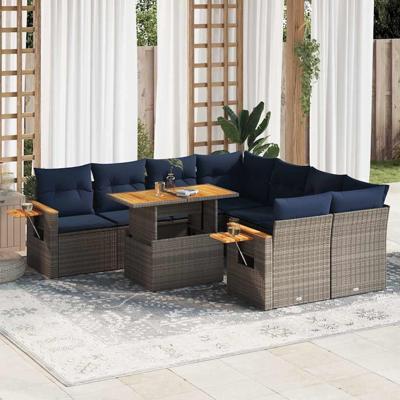 9-delige Loungeset met kussens poly rattan grijs