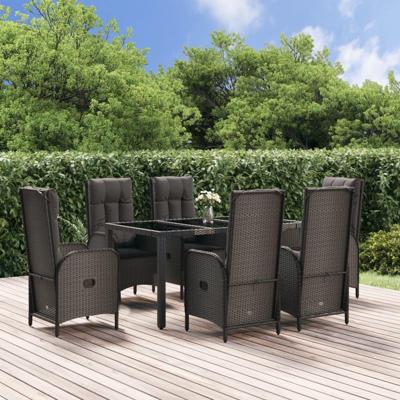 7-delige Tuinset met kussens poly rattan zwart en grijs