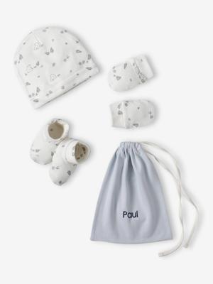 Set beer muts + wanten + slofjes + babytas voor baby, aanpasbaar bleekblauw Set beer muts + wanten + slofjes + babytas voor baby, aanpasbaar bleekblauw