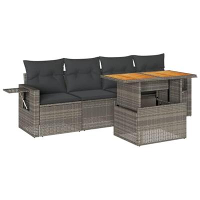 5-delige Loungeset met kussens poly rattan grijs