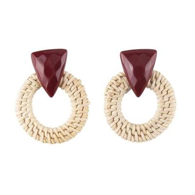 Rotan houten Vintage handgemaakte Dangle Oorbellen (wijnrood 2)