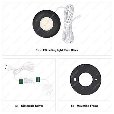 Set van 5 Pavo - Platte LED opbouwspots 23mm - 3W 300lm - 2700K - Dimbaar - Rond - IP44 - Zwart Set van 5 Pavo - Platte LED opbouwspots 23mm - 3W 300lm - 2700K - Dimbaar - Rond - IP44 - Zwart