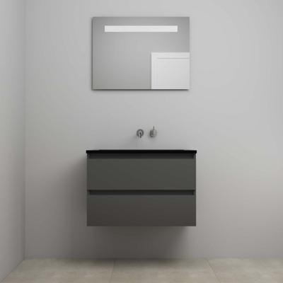 On-Line Badkamermeubelset - 80 cm - Voorgemonteerd - Ladestructuur - Acryl Wastafel - zonder Kraangat - Spiegel met LED-Verlichting - Mat Antraciet