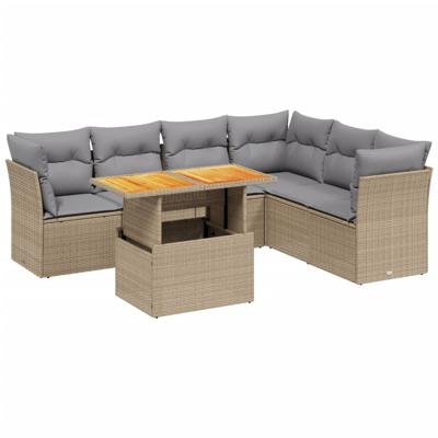 7-delige Loungeset met kussens poly rattan beige