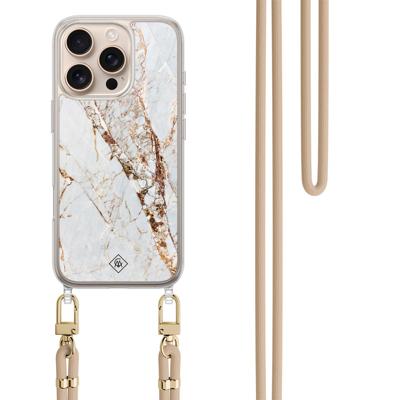 iPhone 16 Pro hoesje met beige koord - Marmer goud