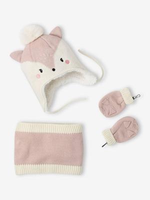 Set voor babymeisjes met muts + snood + wanten "Chatounette" lichtroze Set voor babymeisjes met muts + snood + wanten "Chatounette" lichtroze