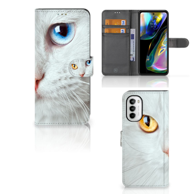 Motorola Moto G52 | Moto G82 | Telefoonhoesje | Met pasjeshouder | Witte Kat
