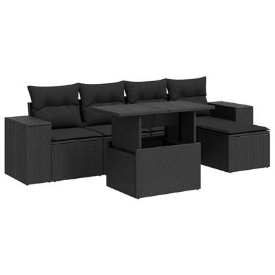 6-delige Loungeset met kussens poly rattan zwart