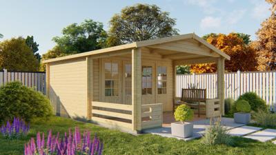 Blokhut Bolton 440x340 cm + luifel 200 cm - Groen geïmpregneerd- Zadeldak- Geïmpregneerd vurenhout- Van Kooten