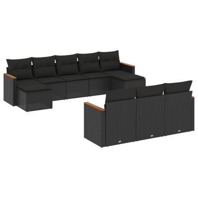 10-delige Loungeset met kussens poly rattan zwart - thumbnail