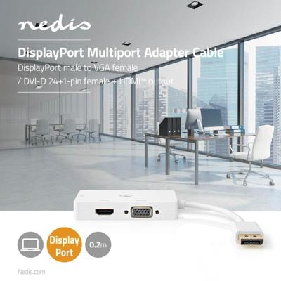 Nedis CCGP37366WT02 Displayport Multipoort-adapterkabel Mini-displayport Male - Vga Female + Dvi-d 24+1-pins Female + Hdmi™ 2.0 Uitgang 0,2 M Wit