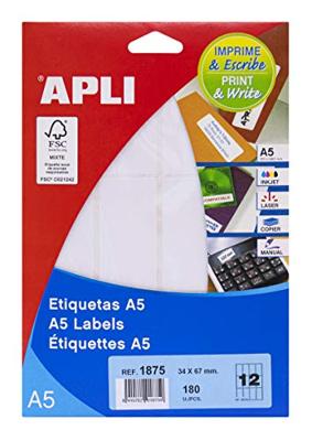 Apli witte etiketten Print & Write ft 34 x 67 mm (b x h), 180 stuks, 12 per blad (1875) Apli witte etiketten Print & Write ft 34 x 67 mm (b x h), 180 stuks, 12 per blad (1875)