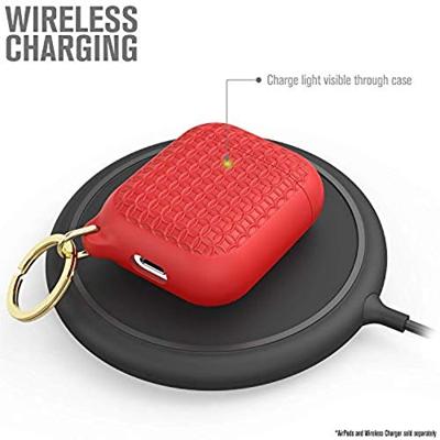 Keyring Case voor AirPods 1 en 2 - Siliconen AirPods-case met textuurpatroon, oplaadlampje zichtbaar, oppervlakteafwerking met extra grip, inclusief sleutelring, compatibel met draadloos opladen - Rood
