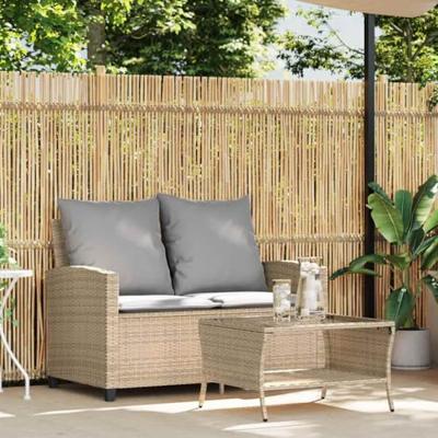 Tuinbank 2-zits met kussens & tafel poly rattan beige