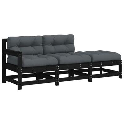 3-delige Loungeset met kussens massief hout zwart