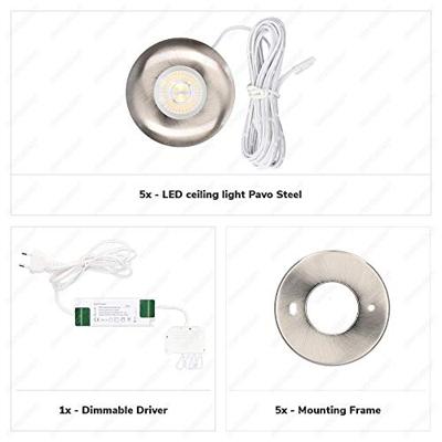 Set van 5 Pavo - Platte LED opbouwspots 23mm - 3W 300lm - 2700K - Dimbaar - Rond - IP44 - RVS