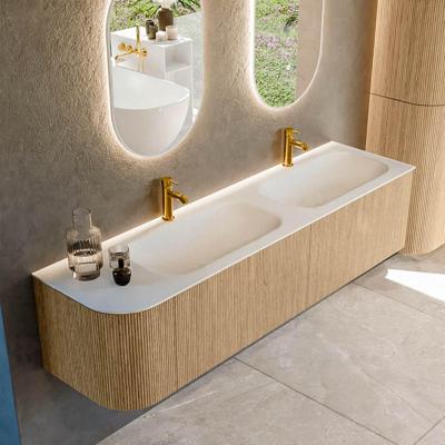 Mondiaz KURVE 175 cm Onderkast Greeploos 2 Lades Met Deuren Oak, Wastafel Solid Surface Rechts Talc 2 Kraangaten Zonder Spiegel (KRVBGS175L2L1D2KD-Oak/Tal)