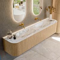 Mondiaz KURVE-DLUX 200 cm Onderkast Greeploos 2 Lades Met Deuren Oak, Wastafel Solid Surface Dubbel Glace 0 Kraangaten Zonder Spiegel (KRVSTS200L+R2L2D0KD-Oak/Gla) - thumbnail