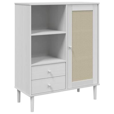 Hoge kast SENJA rattan-look 90x40x112 cm massief grenenhout wit