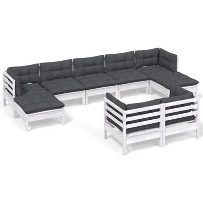 9-delige Loungeset met kussens massief grenenhout wit - thumbnail