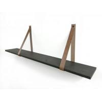 Eiken 18mm wandplank recht zwart 75 x 20 cm inclusief leren riemen cognac - thumbnail