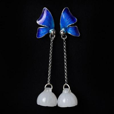 925 sterling zilver witte jade Lotus oorbellen elegante vlinder oorbellen glazuur proces Fine Jewelry