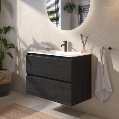 Saqu Gaia badmeubel incl. mat witte keramische wastafel 80x46x61cm eiken zwart - zwarte greeplijst