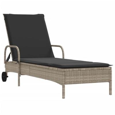 Ligbed met wielen en kussens poly rattan lichtgrijs - thumbnail