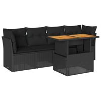 5-delige Loungeset met kussens poly rattan zwart - thumbnail