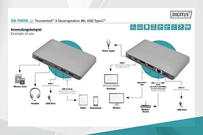Digitus DA-70895 notebook dock & poortreplicator Bedraad Thunderbolt 3 Zwart, Grijs
