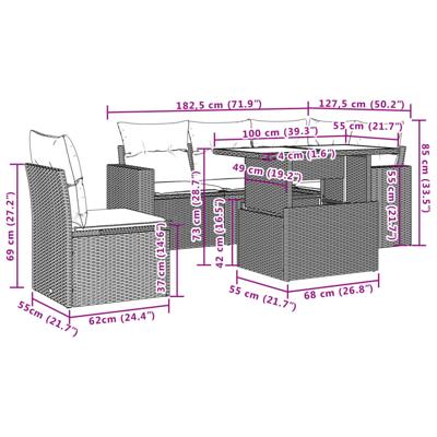 6-delige Loungeset met kussens poly rattan bruin - thumbnail
