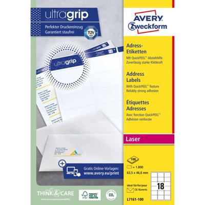 Avery L7161, Adresetiketten, Laser, Ultragrip, wit, 100 vellen, 18 per vel, 63,5 x 46,6 mm Avery L7161, Adresetiketten, Laser, Ultragrip, wit, 100 vellen, 18 per vel, 63,5 x 46,6 mm