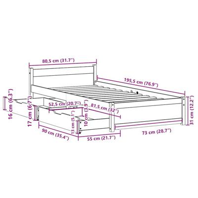 Bedframe zonder matras massief grenenhout 75x190 cm