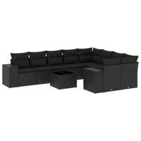 10-delige Loungeset met kussens poly rattan zwart - thumbnail