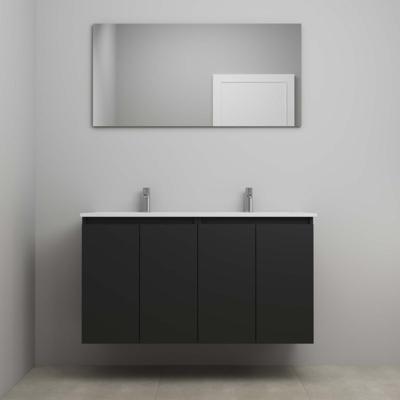 On-Line Badkamermeubelset - 120 cm - Voorgemonteerd - Greeploos 4 Deuren - Porseleinen Wastafel - 2 Kraangaten - Spiegel - Mat Zwart